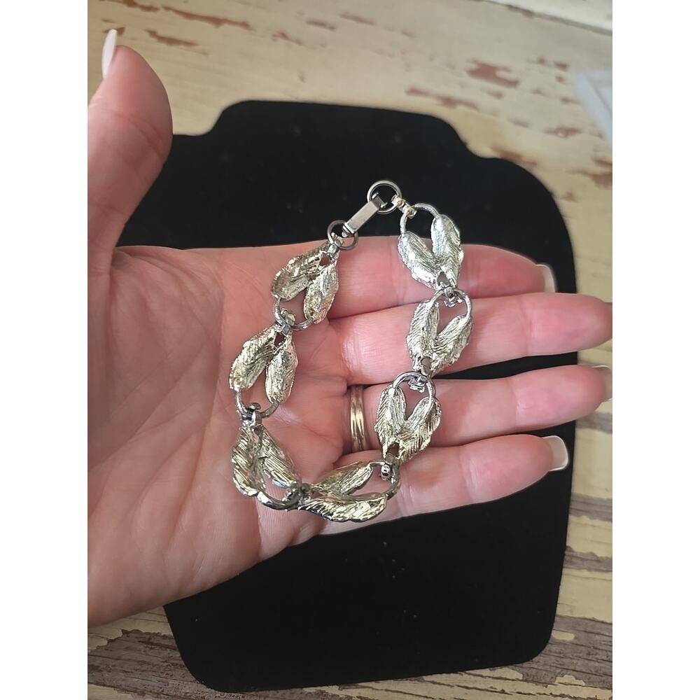 Vtg Silver Tone‎ Leaf Link Sculpted Molded Statement Fashion Jewelry Bracelet